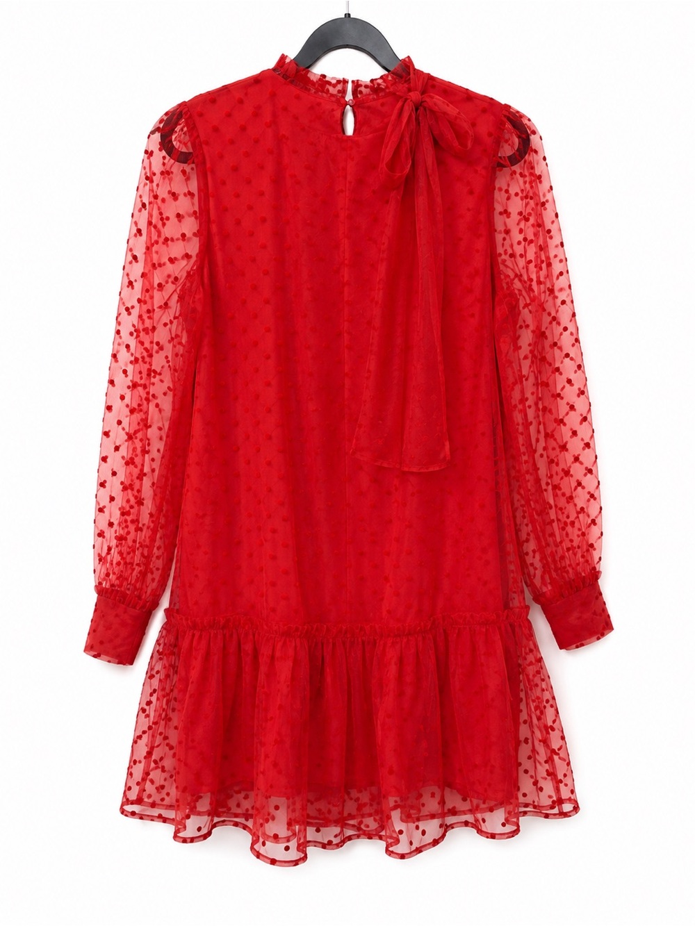 Meritt Red Sheer Polka Dot Long-Sleeve Dress with Bow Neckline & Tulle | Large